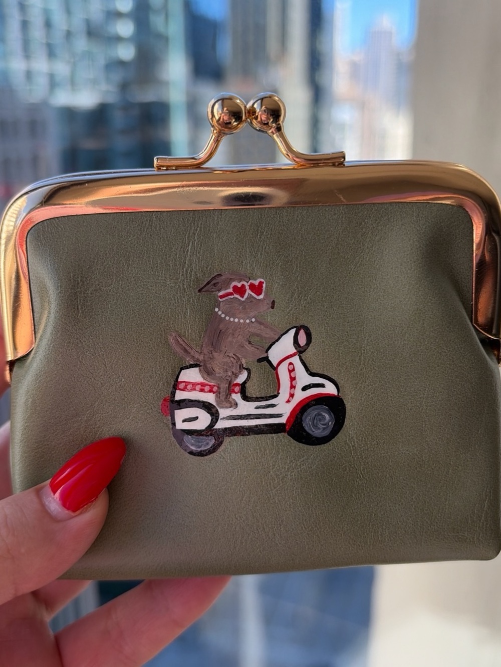Hand painted coin purse with dog on a scooter!